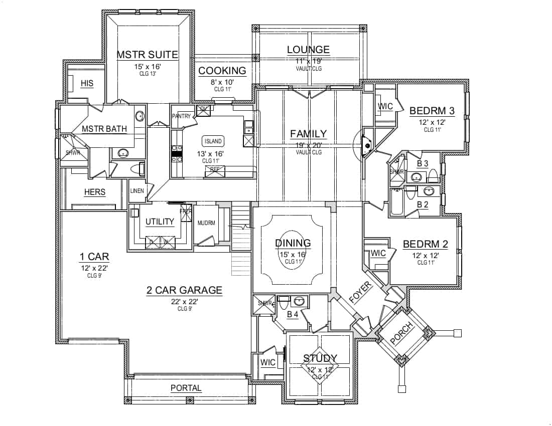 Floor Plan Main Level of European Plan #195-1236