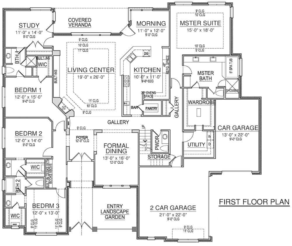 Floor Plan Main Level of Acadian Plan #195-1239