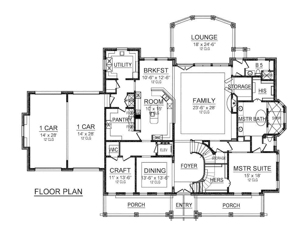 Floor Plan Main Level of Farmhouse Plan #195-1242