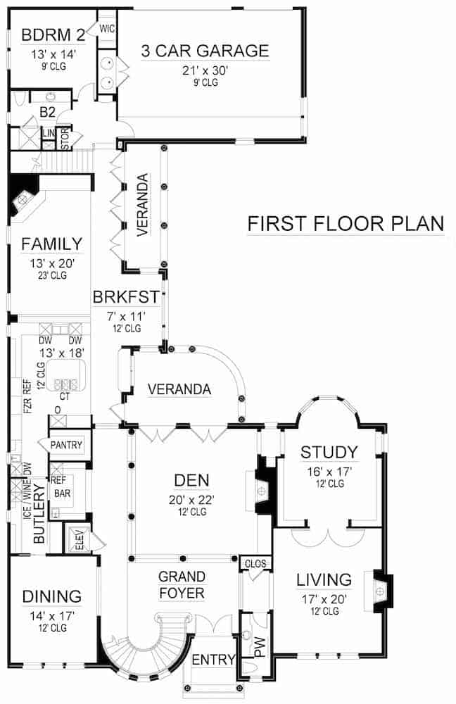 Floor Plan Main Level of Mediterranean Plan #195-1243