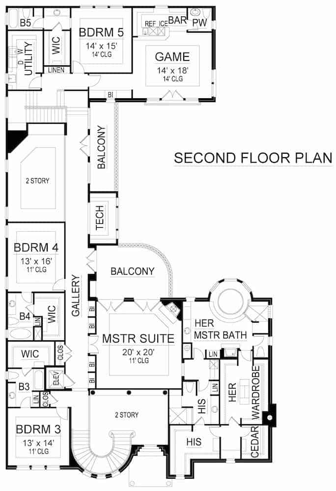 Floor Plan Upper Level of Mediterranean Plan #195-1243