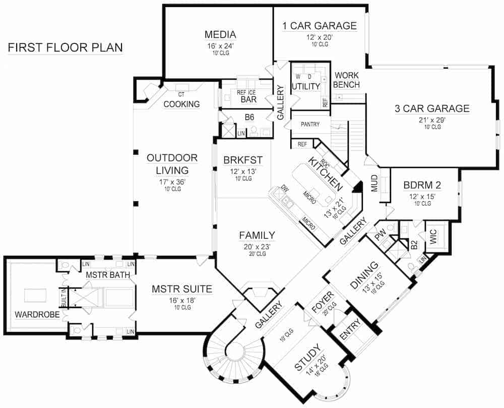 Floor Plan Main Level of Mediterranean Plan #195-1246