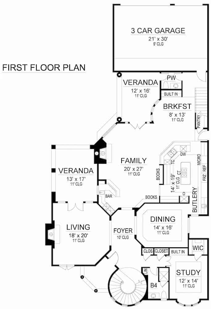 Floor Plan Main Level of Mediterranean Plan #195-1247