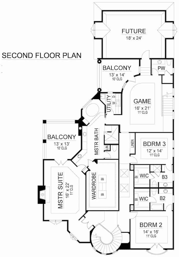 Floor Plan Upper Level of Mediterranean Plan #195-1247