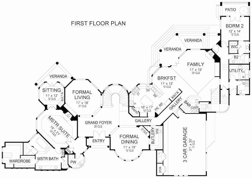 Floor Plan Main Level of Mediterranean Plan #195-1248