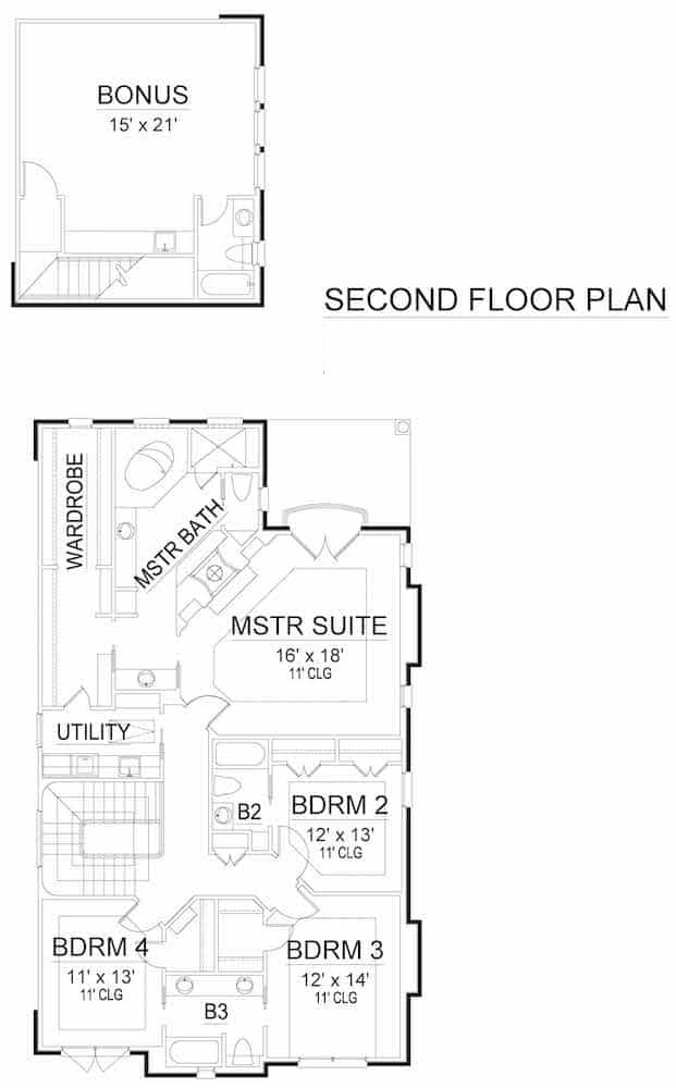 Floor Plan Upper Level of Acadian Plan #195-1254
