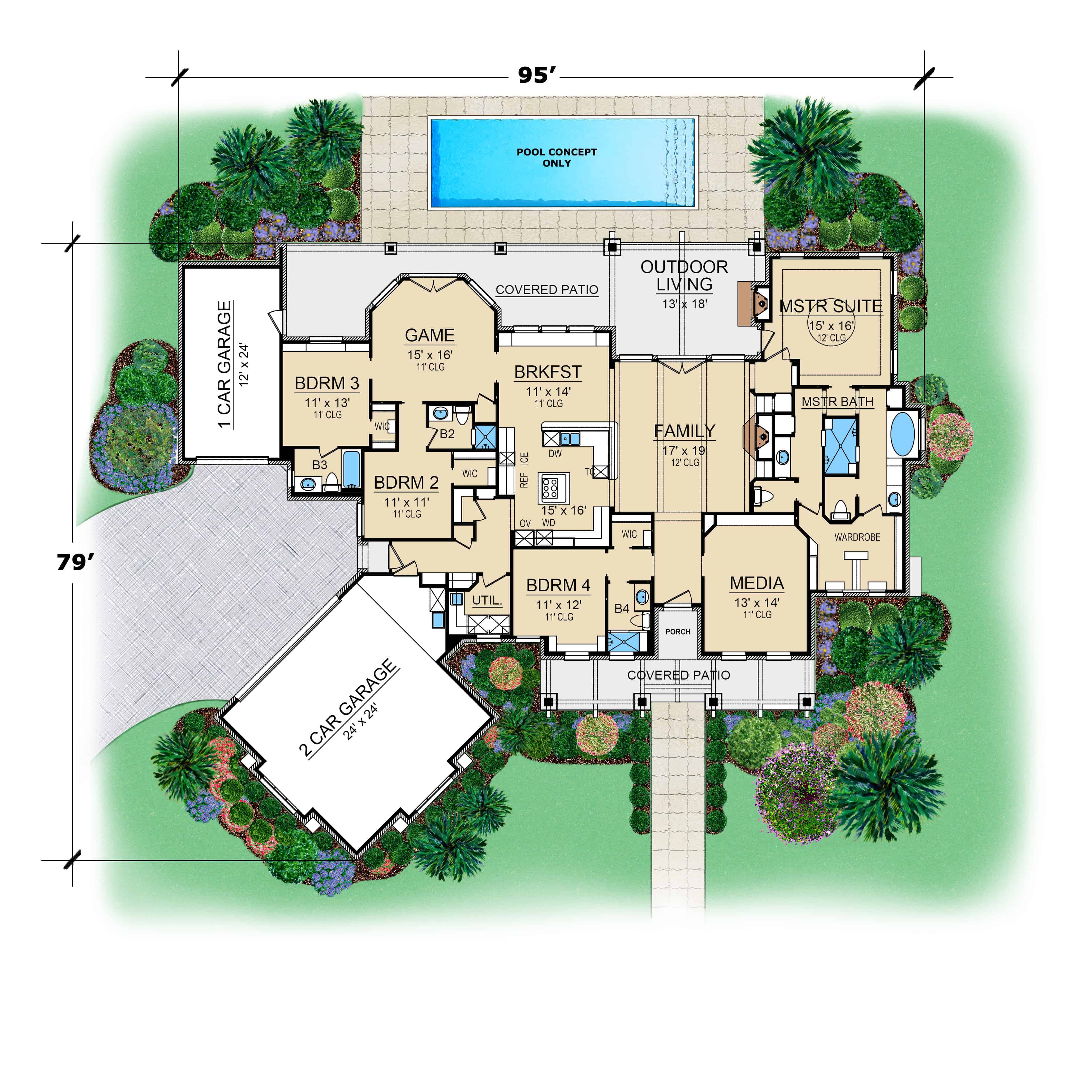 Floor Plan Main Level of European Plan #195-1265
