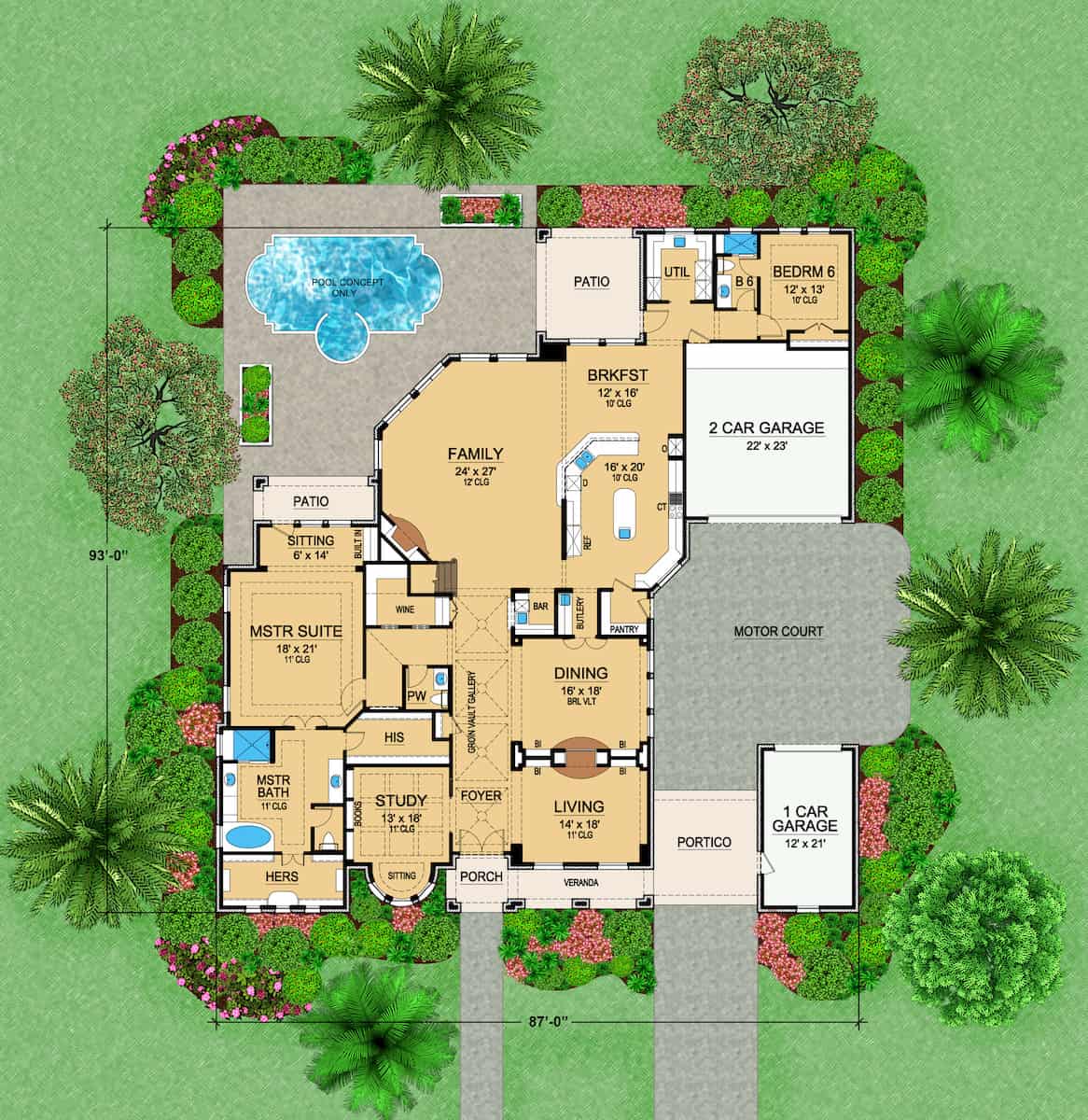 Floor Plan Main Level of Spanish Plan #195-1267