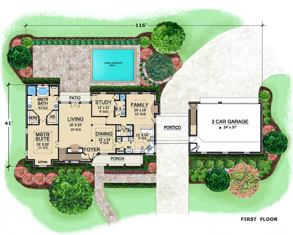 Floor Plan Main Level of Mediterranean Plan #195-1269