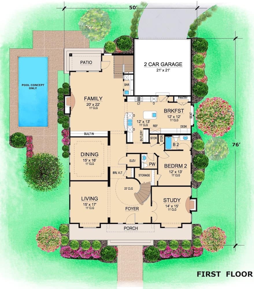 Floor Plan Main Level of Spanish Plan #195-1271