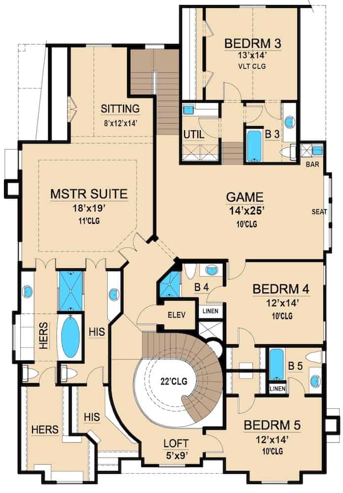 Floor Plan Upper Level of Spanish Plan #195-1271