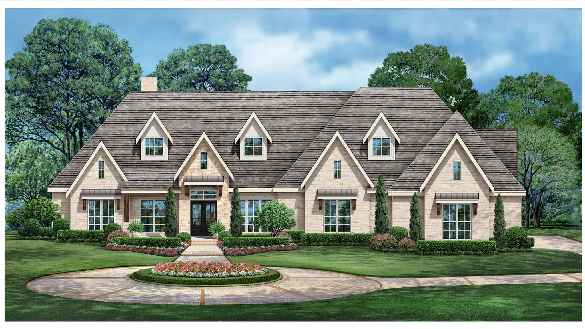 Front elevation of Tudor home (ThePlanCollection: House Plan #195-1317)