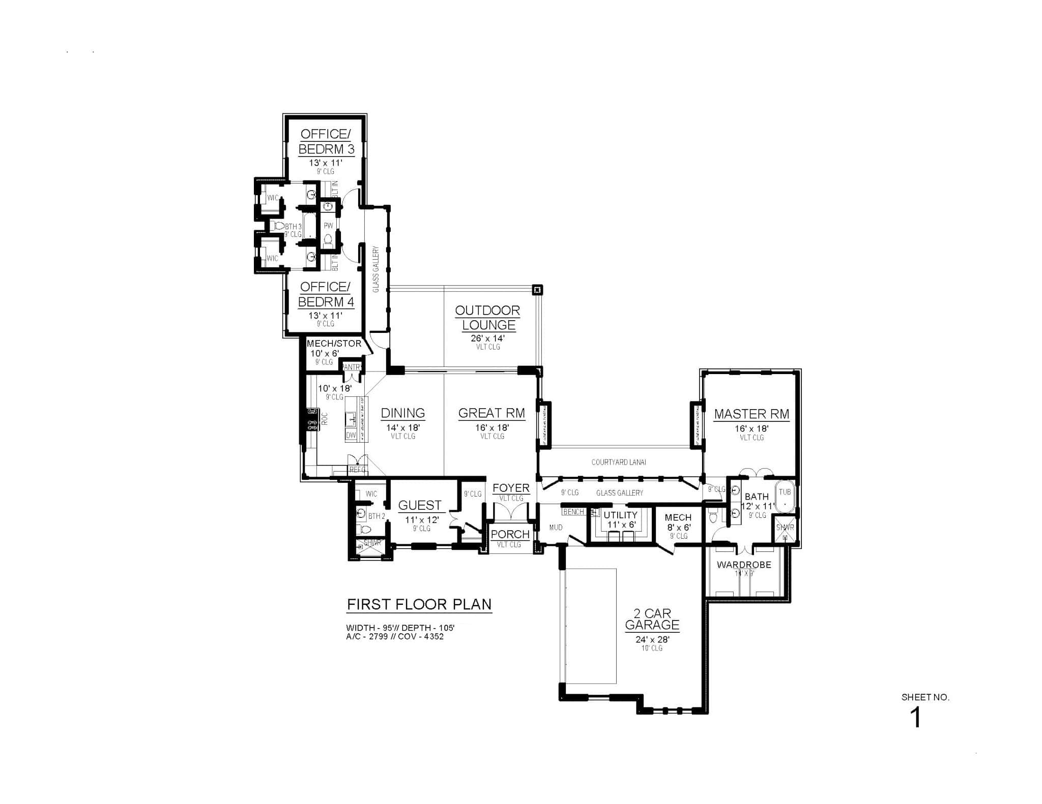 Main Level of Mid-Century Modern Plan #195-1325
