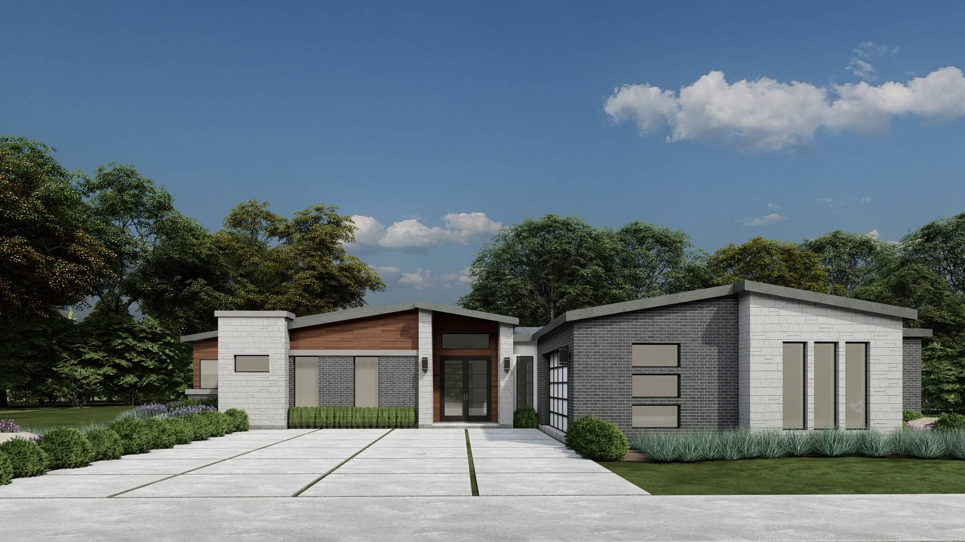 Front elevation of Mid-Century Modern home (ThePlanCollection: House Plan #195-1325)