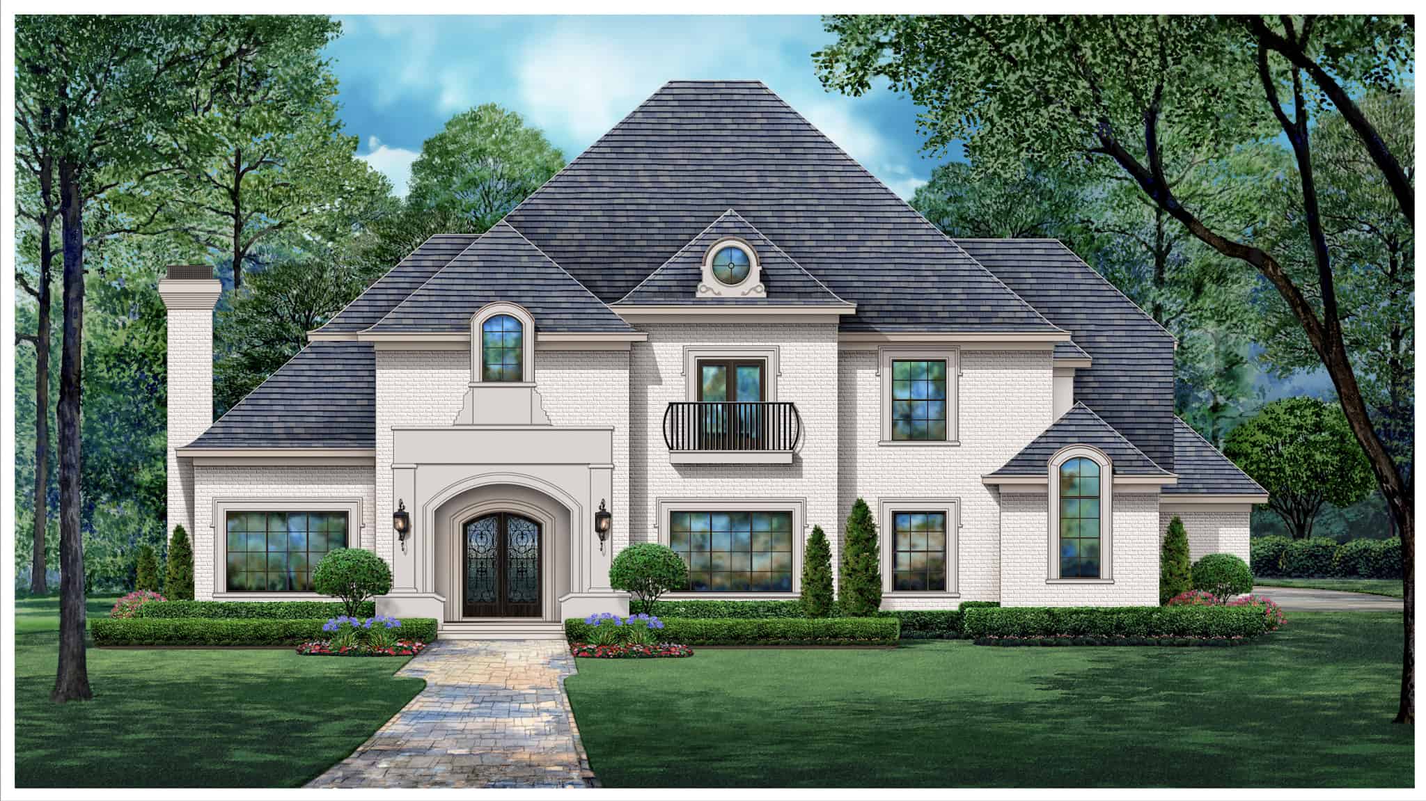 Front elevation of Tudor home (ThePlanCollection: House Plan #195-1332)
