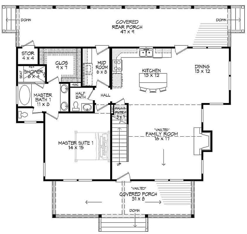 Floor Plan Main Level of Craftsman Plan #196-1009