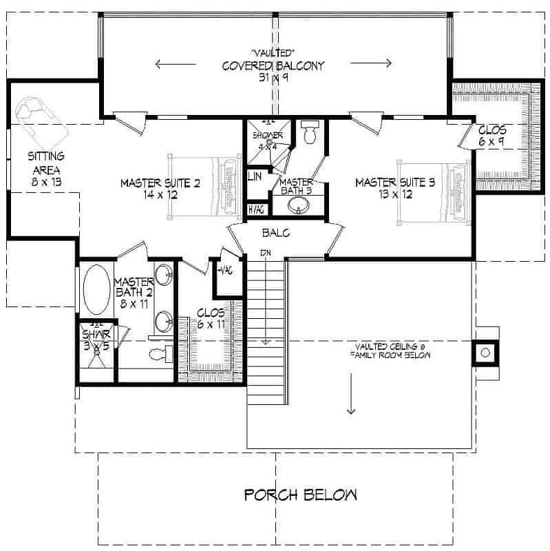 Floor Plan Upper Level of Craftsman Plan #196-1009