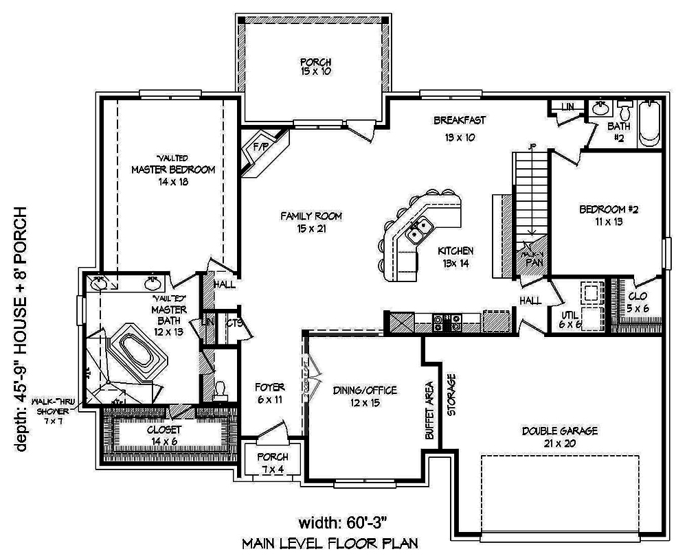Floor Plan First Story of European Plan #196-1015