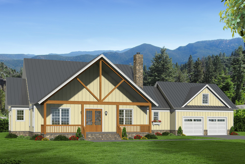 Color rendering of Country home plan (ThePlanCollection: House Plan #196-1059)