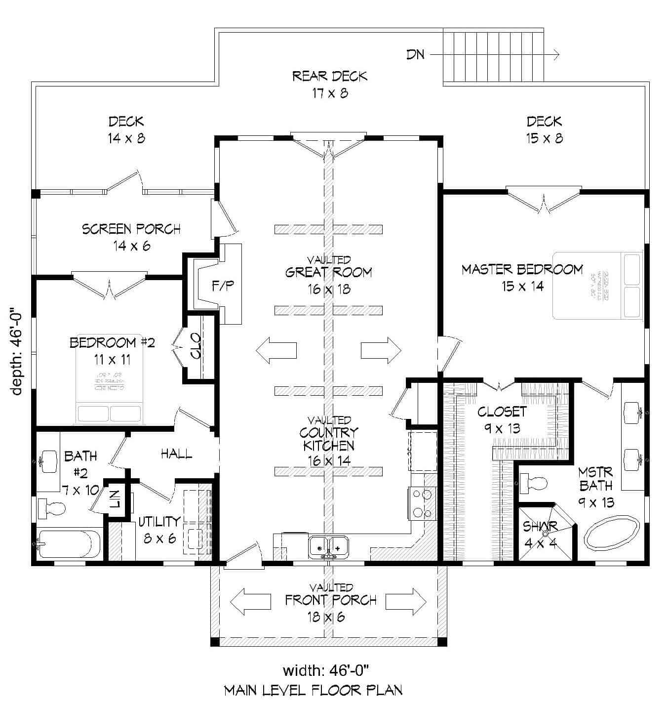 Floor Plan Main Level of Country Plan #196-1070
