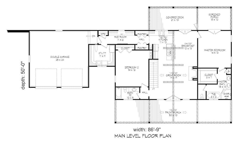 Floor Plan Main Level of Country Plan #196-1072