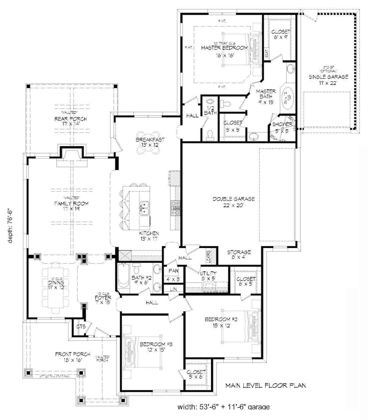 Floor Plan Main Level of Cottage Plan #196-1073