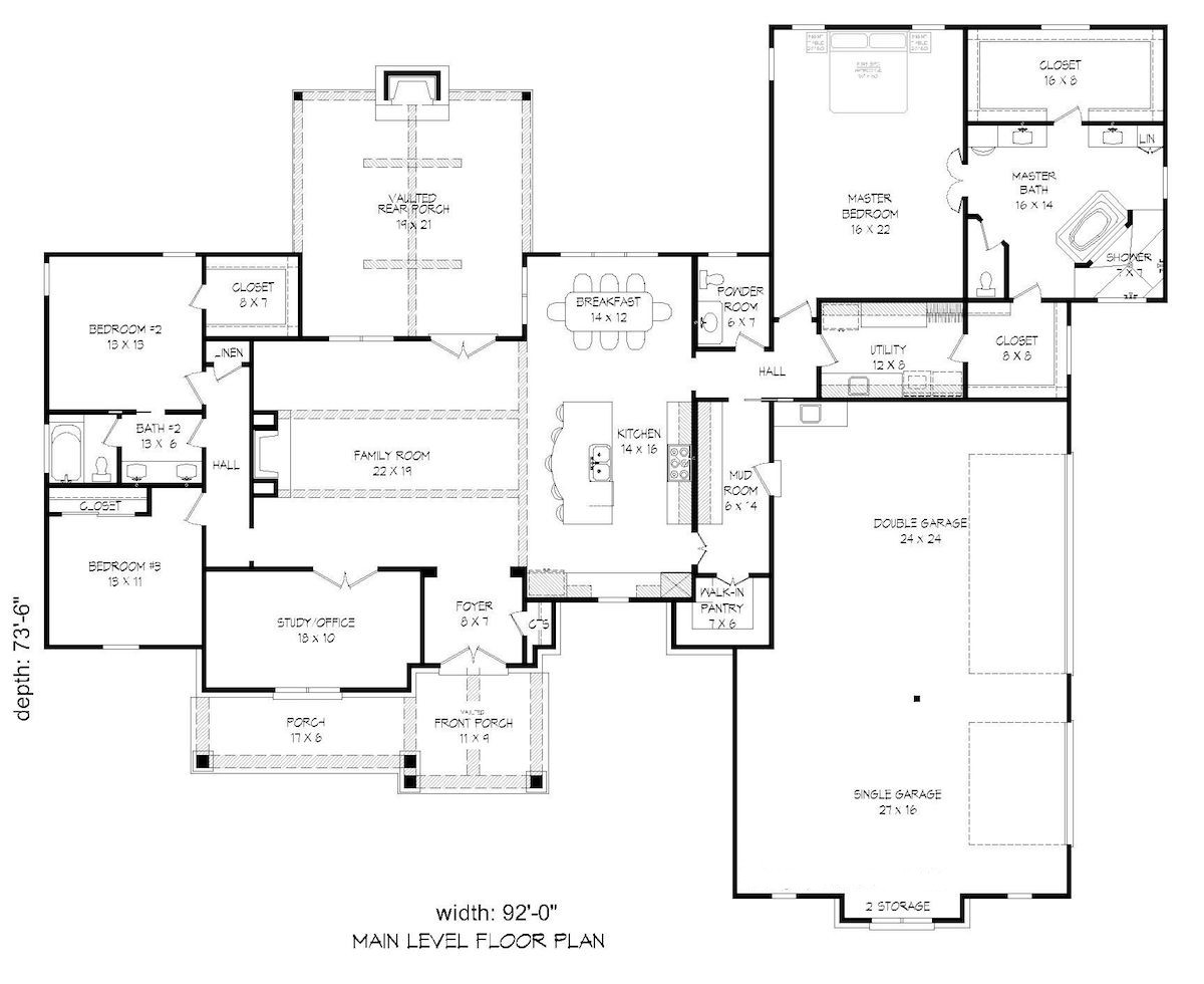 Floor Plan Main Level of Traditional Plan #196-1077