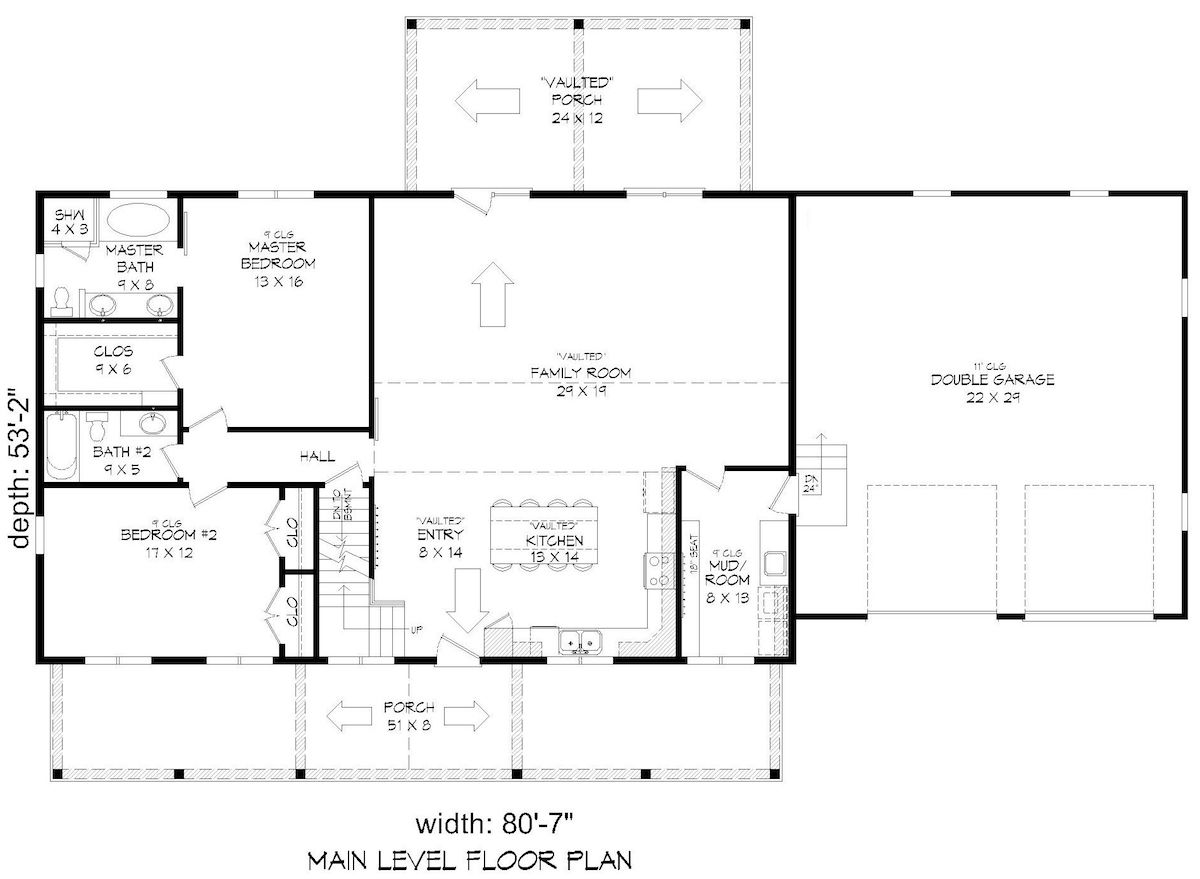 Floor Plan Main Level of Farmhouse Plan #196-1097