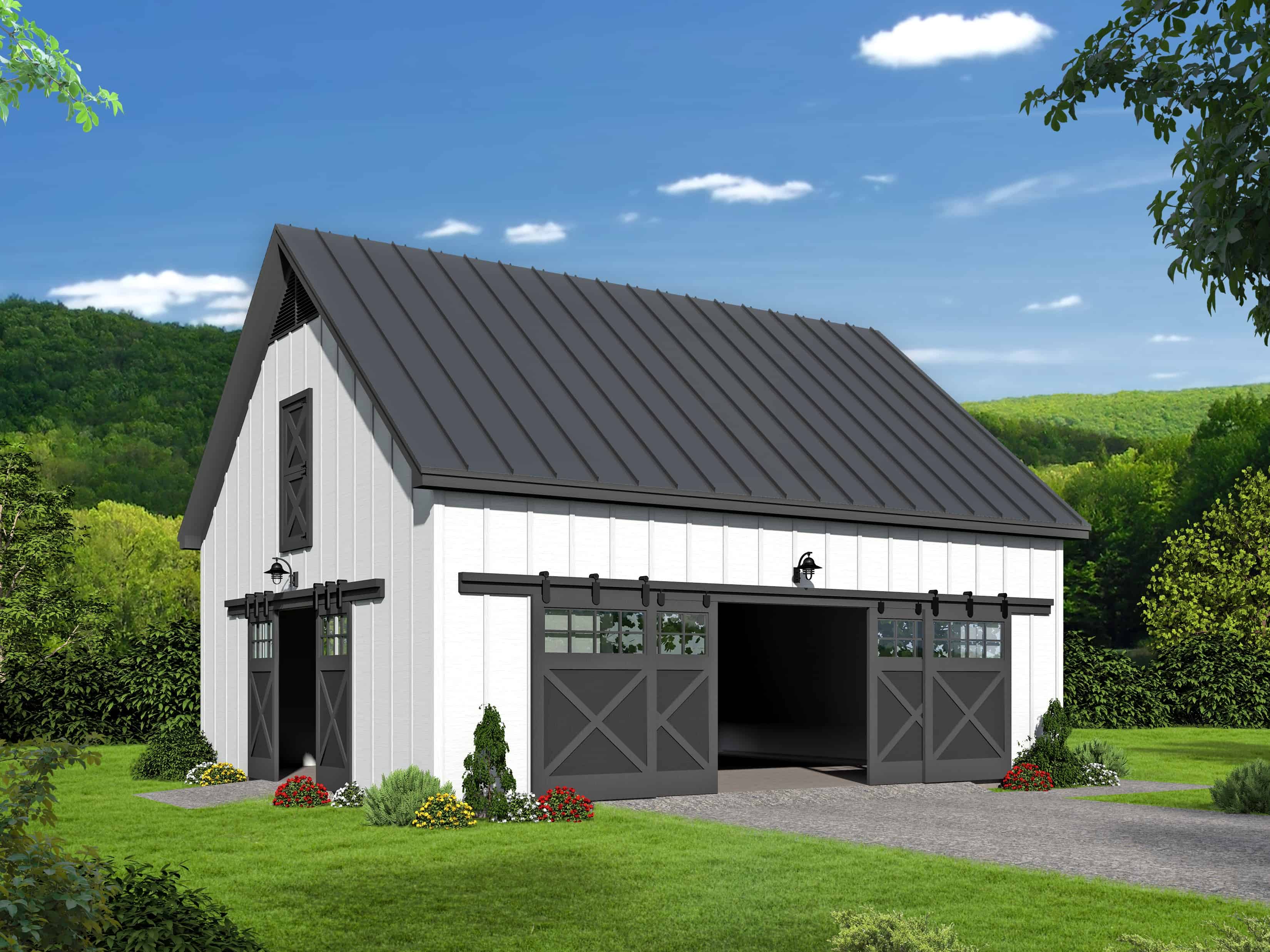 Front elevation of Barn Style home (ThePlanCollection: House Plan #196-1119)