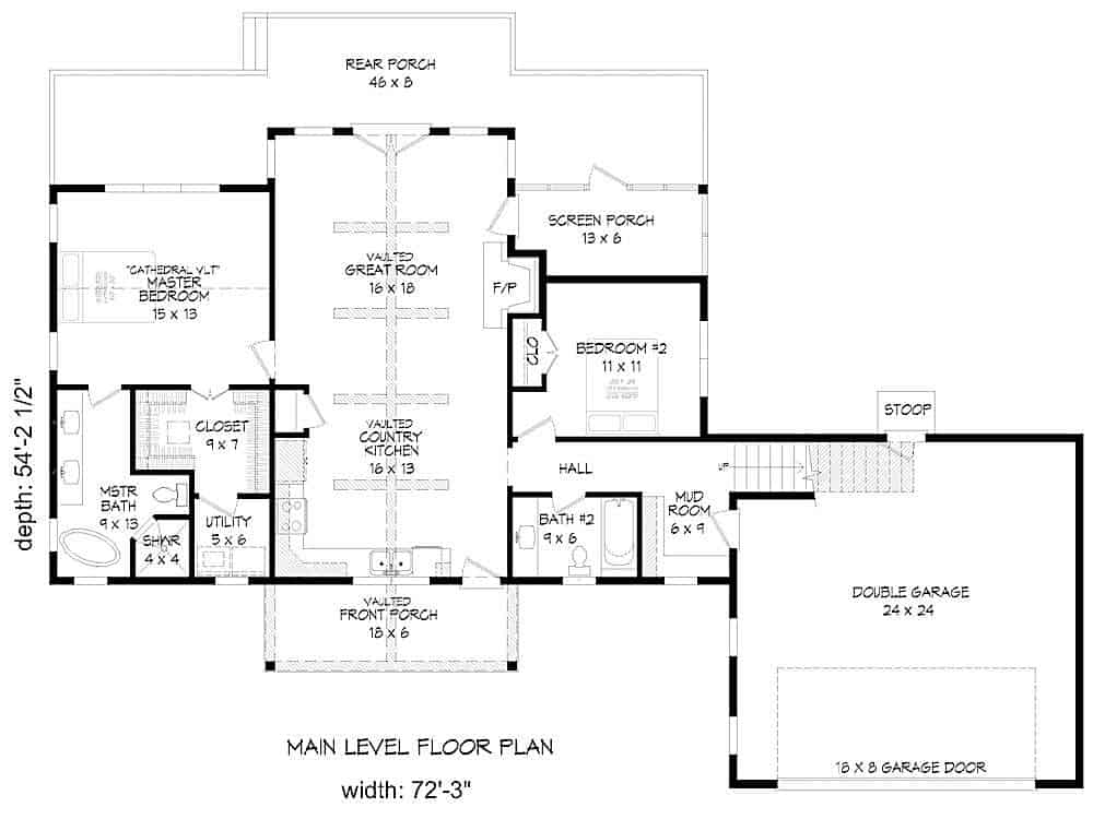 Floor Plan Main Level of Country Plan #196-1128
