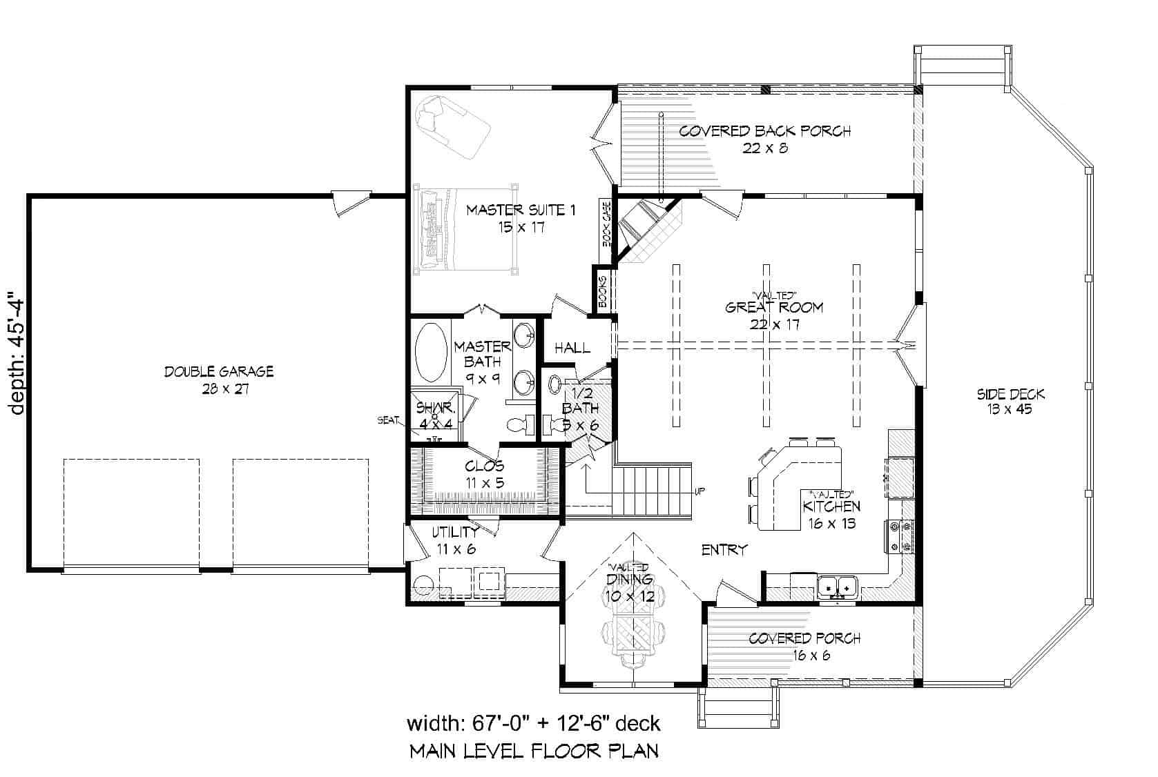 Floor Plan Main Level of Farmhouse Plan #196-1129