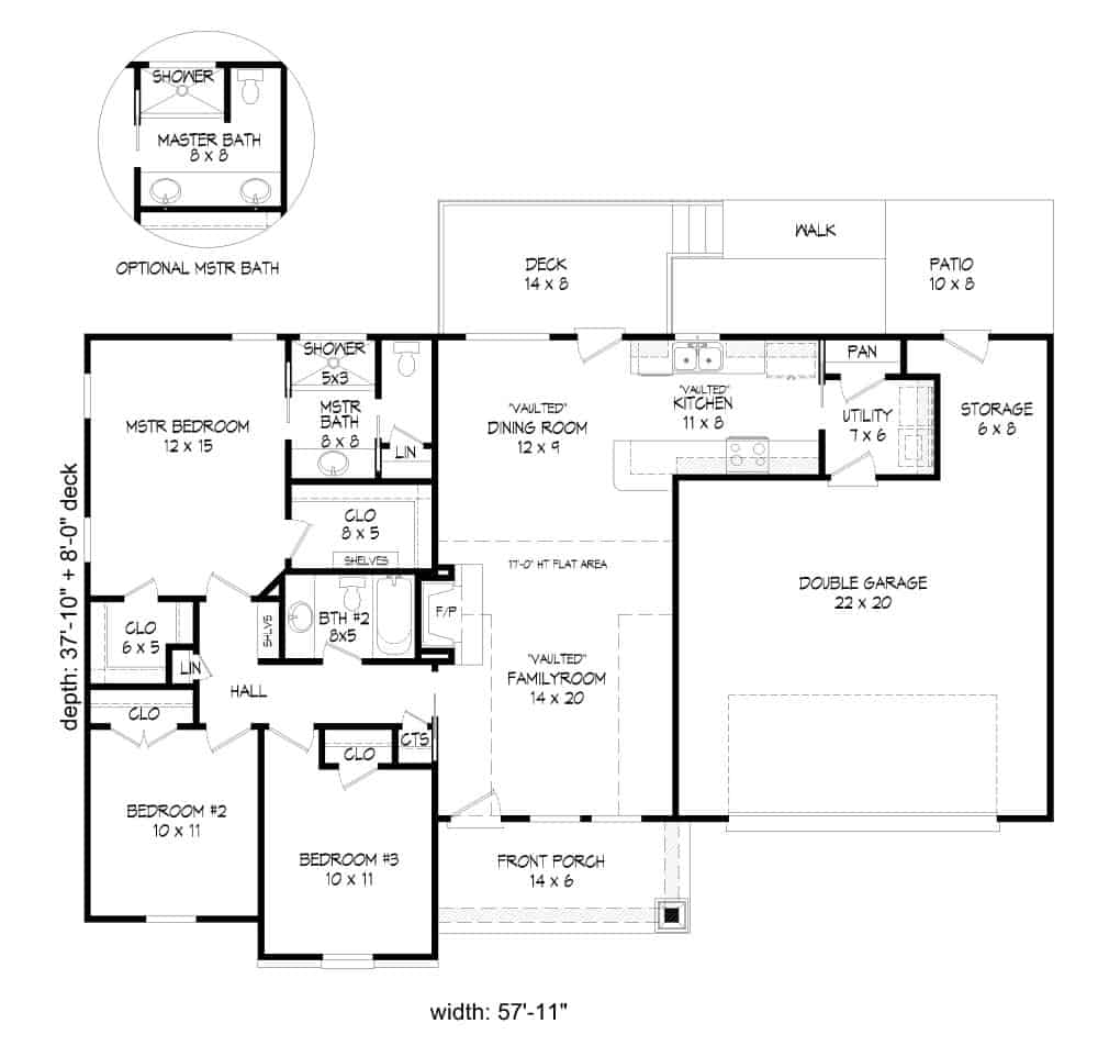 Floor Plan Main Level of Ranch Plan #196-1130