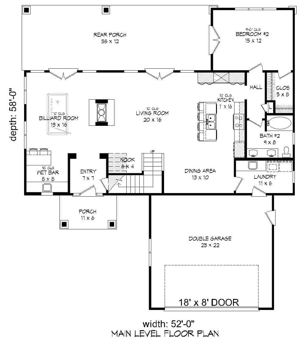 Floor Plan Main Level of Country Plan #196-1135