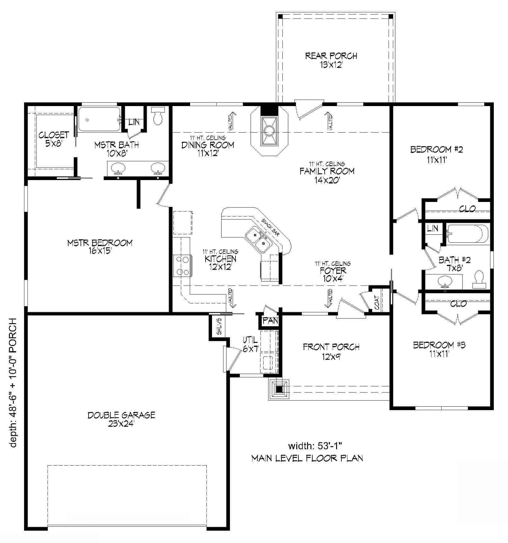 Floor Plan Main Level of Ranch Plan #196-1136