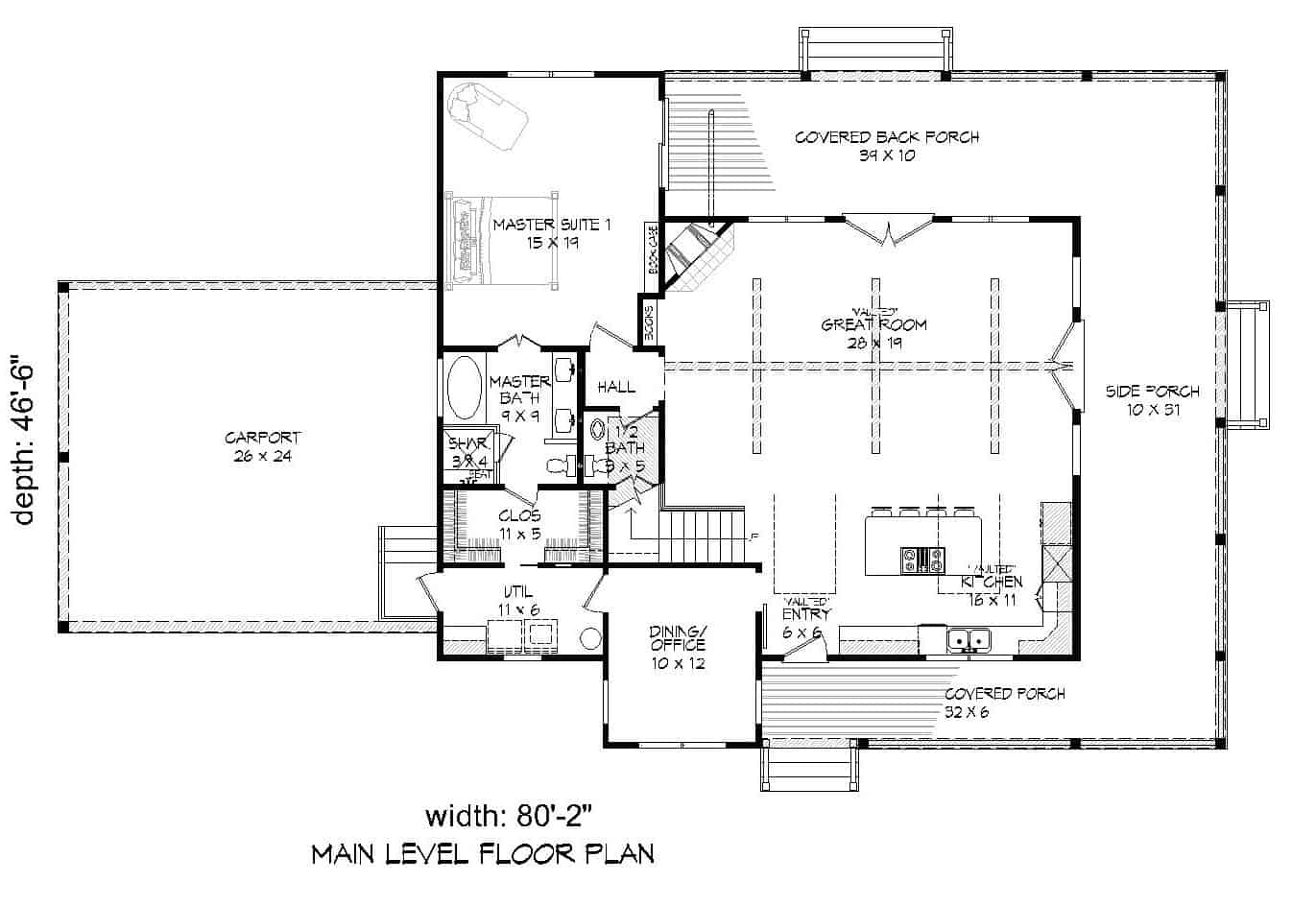Floor Plan Main Level of Country Plan #196-1138