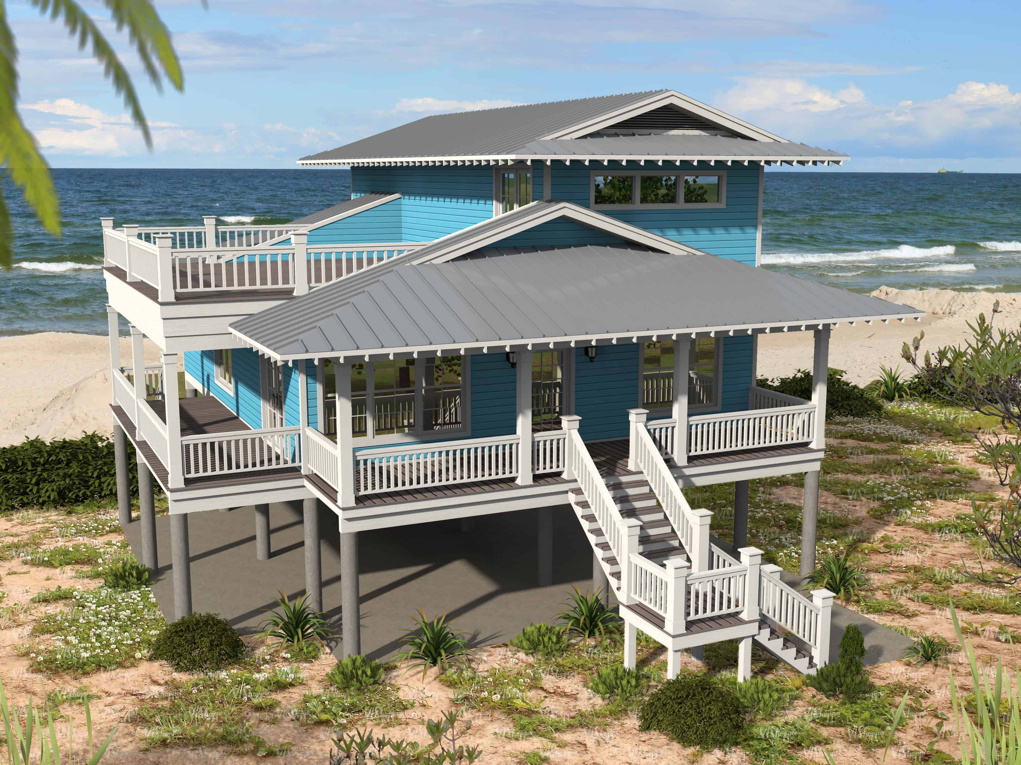 Front elevation of Beachfront home (ThePlanCollection: House Plan #196-1148)
