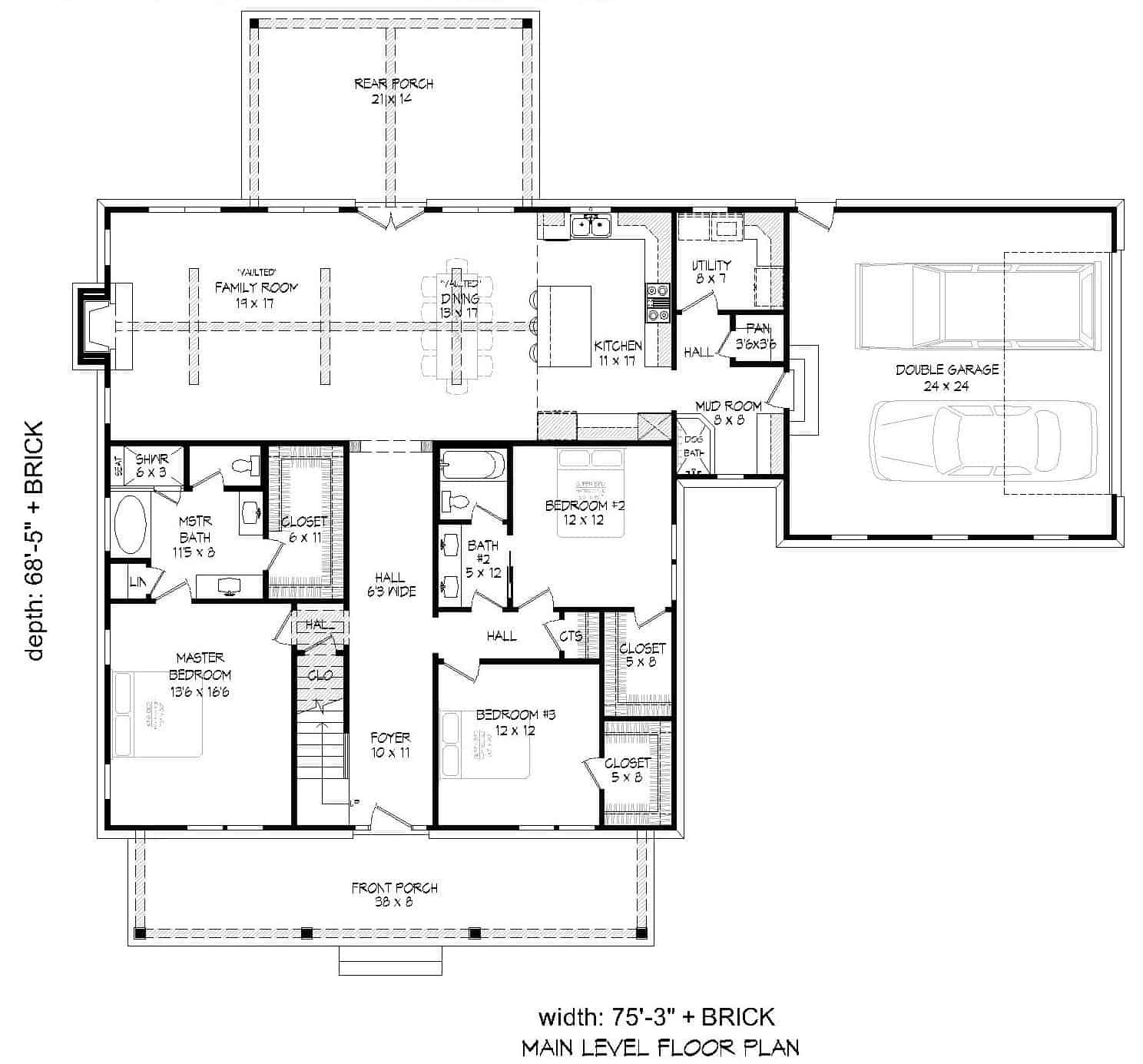 Floor Plan Main Level of Country Plan #196-1150