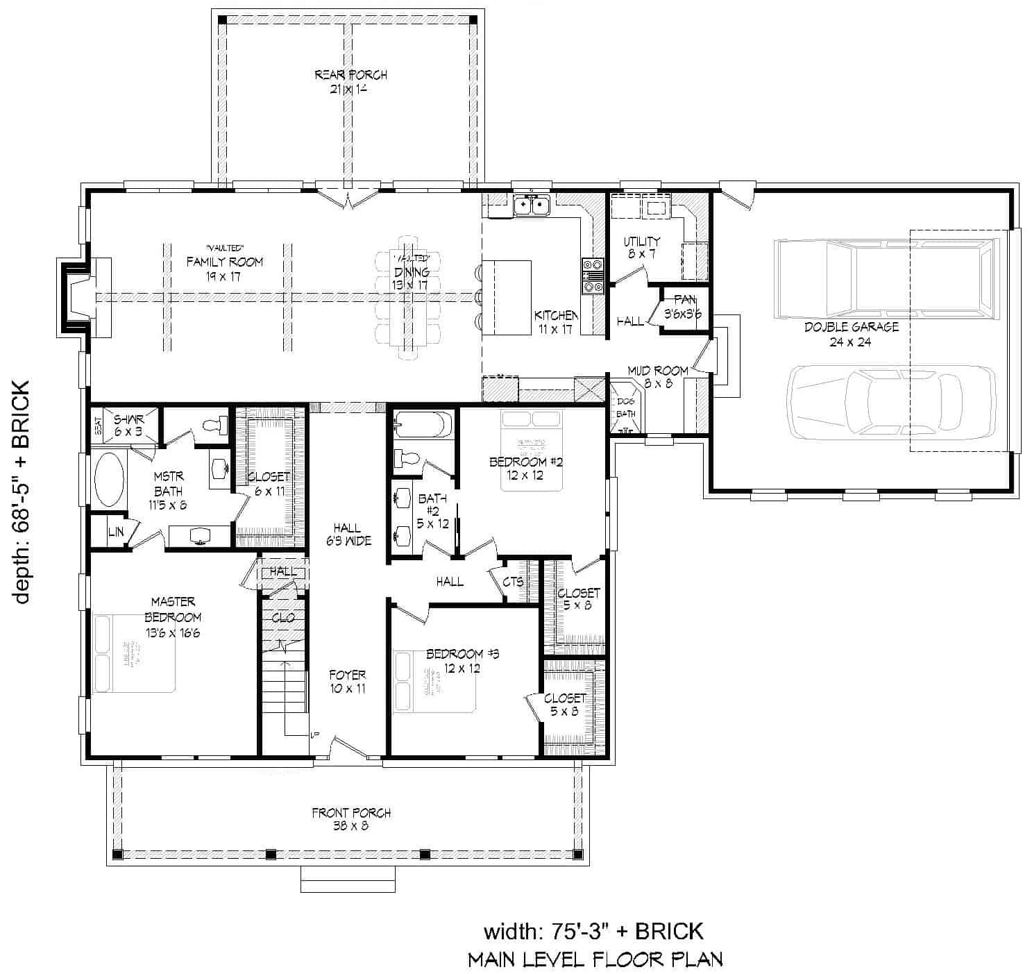 Floor Plan Main Level of Country Plan #196-1152