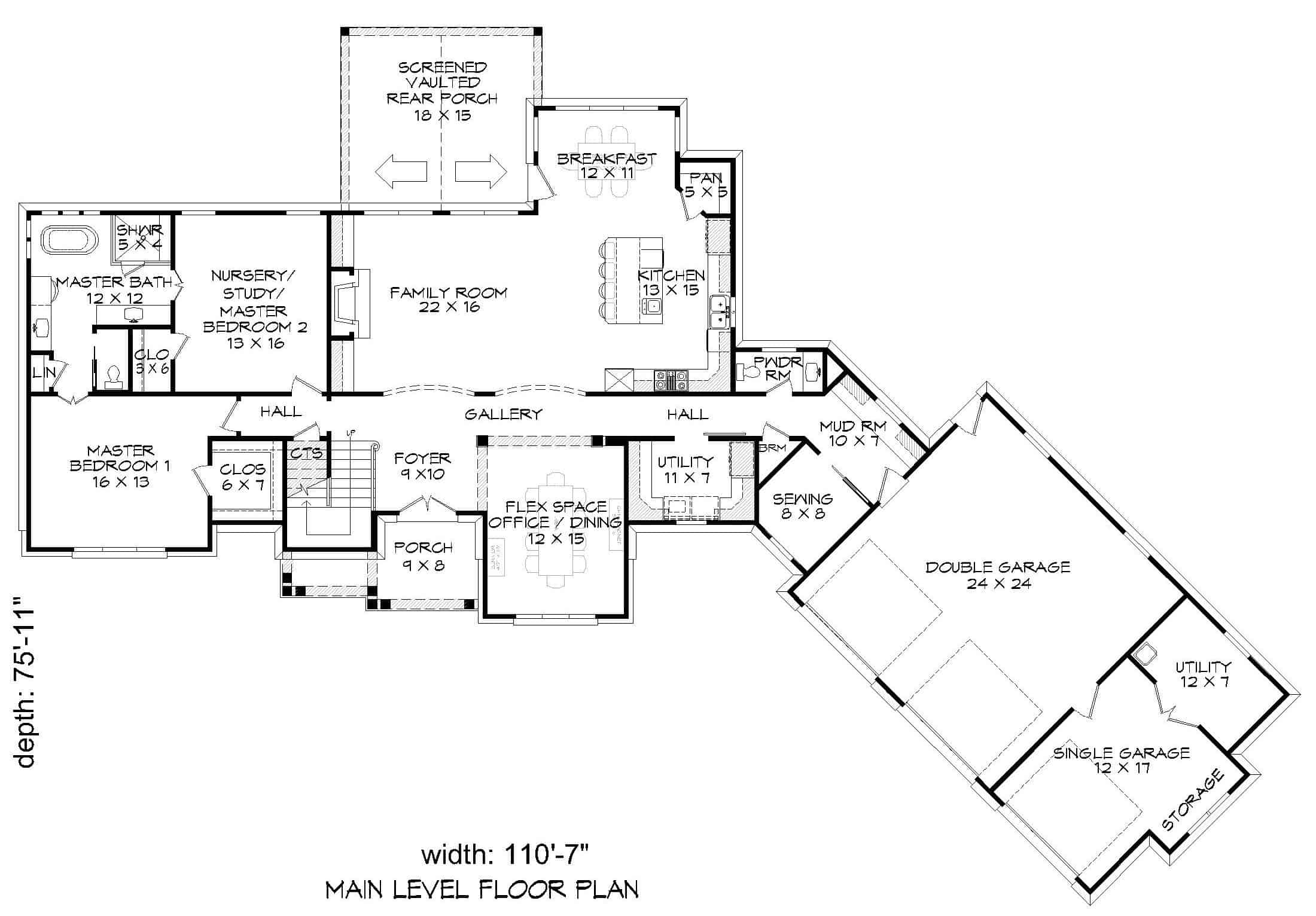 Floor Plan Main Level of Craftsman Plan #196-1153