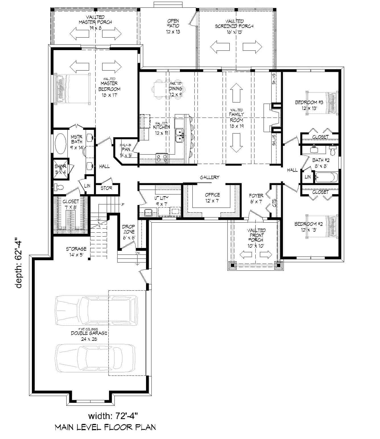 Floor Plan Main Level of Craftsman Plan #196-1154