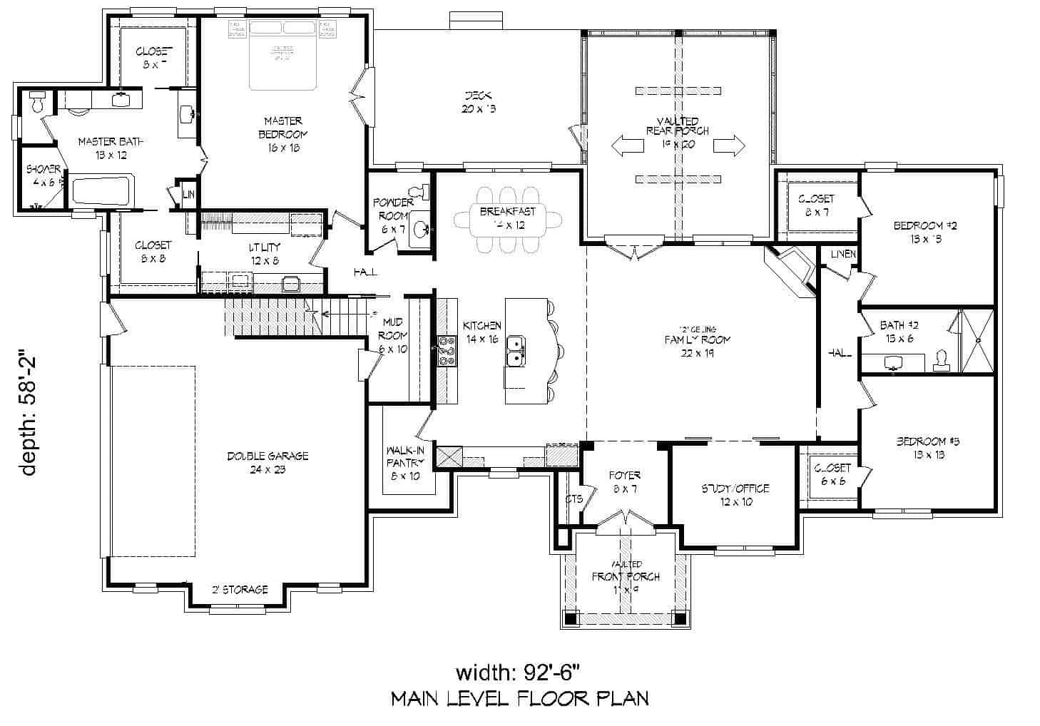 Floor Plan Main Level of European Plan #196-1160