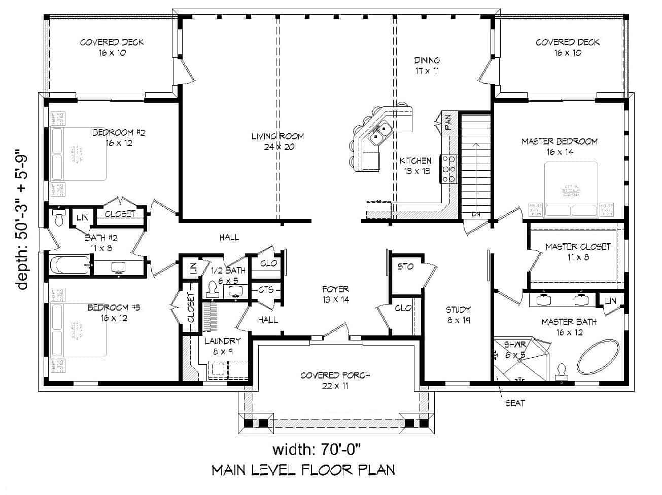 Floor Plan Main Level of Craftsman Plan #196-1162