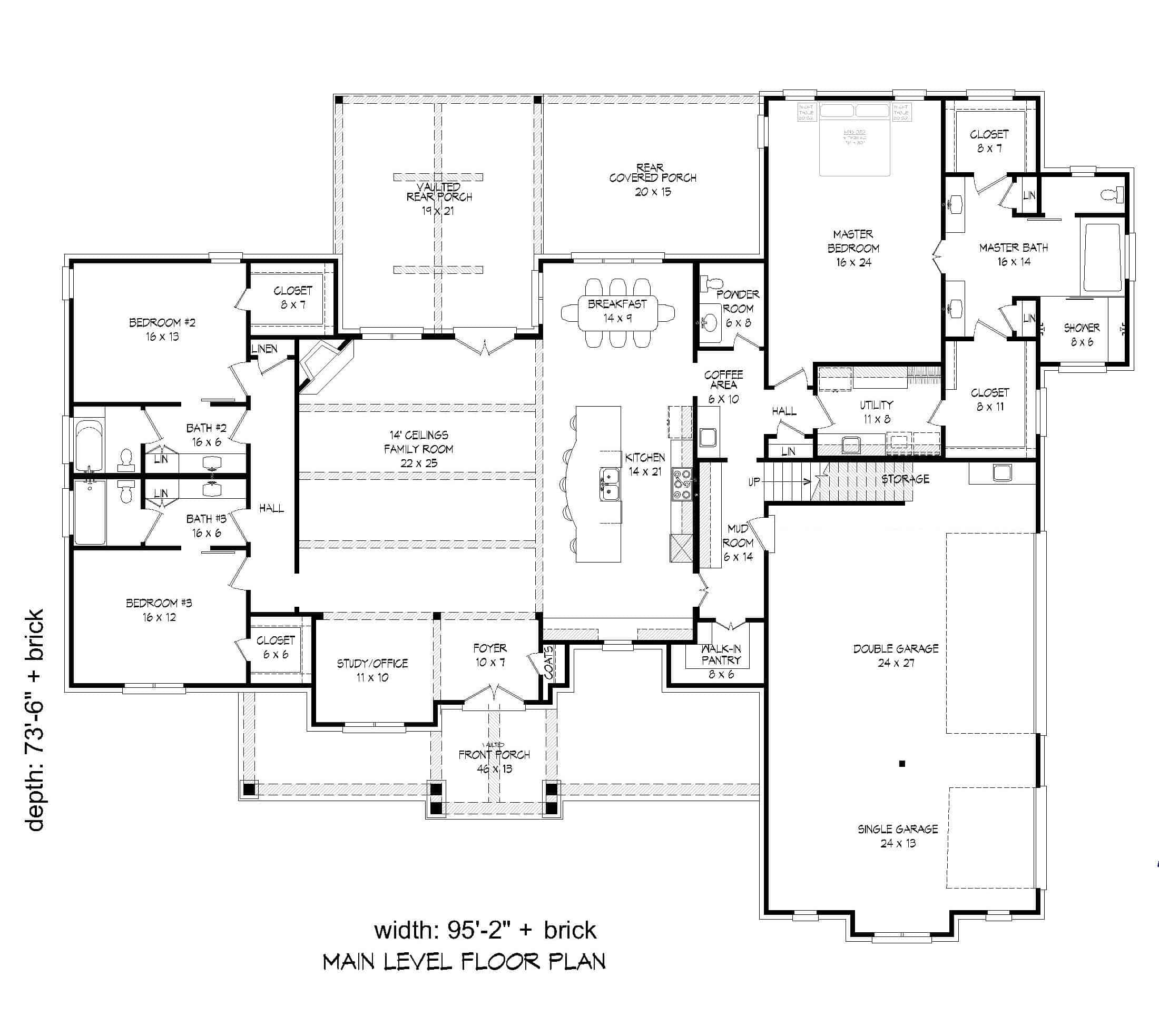 Floor Plan Main Level of Ranch Plan #196-1168