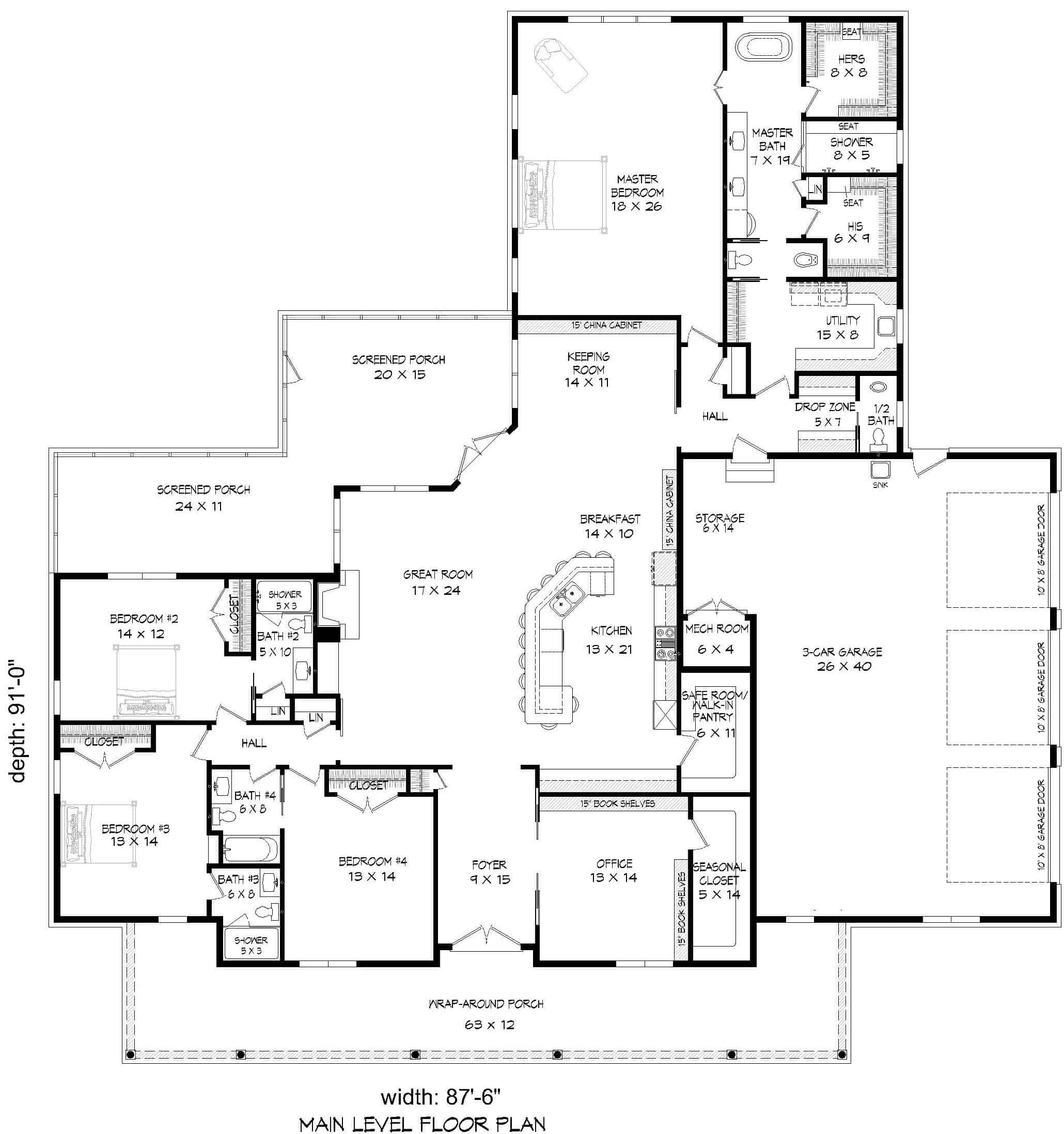 Floor Plan Main Level of Ranch Plan #196-1171