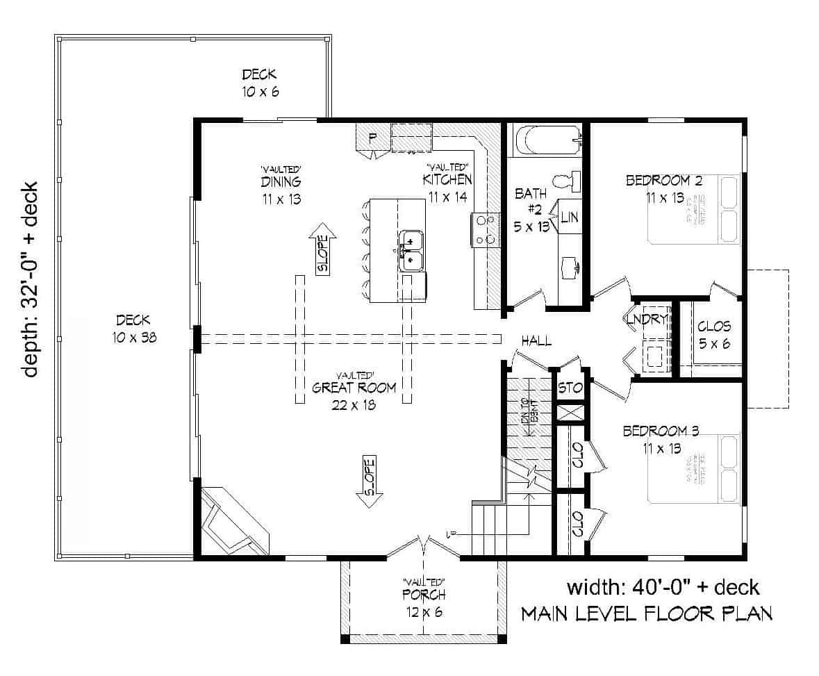 Floor Plan Main Level of Cottage Plan #196-1180