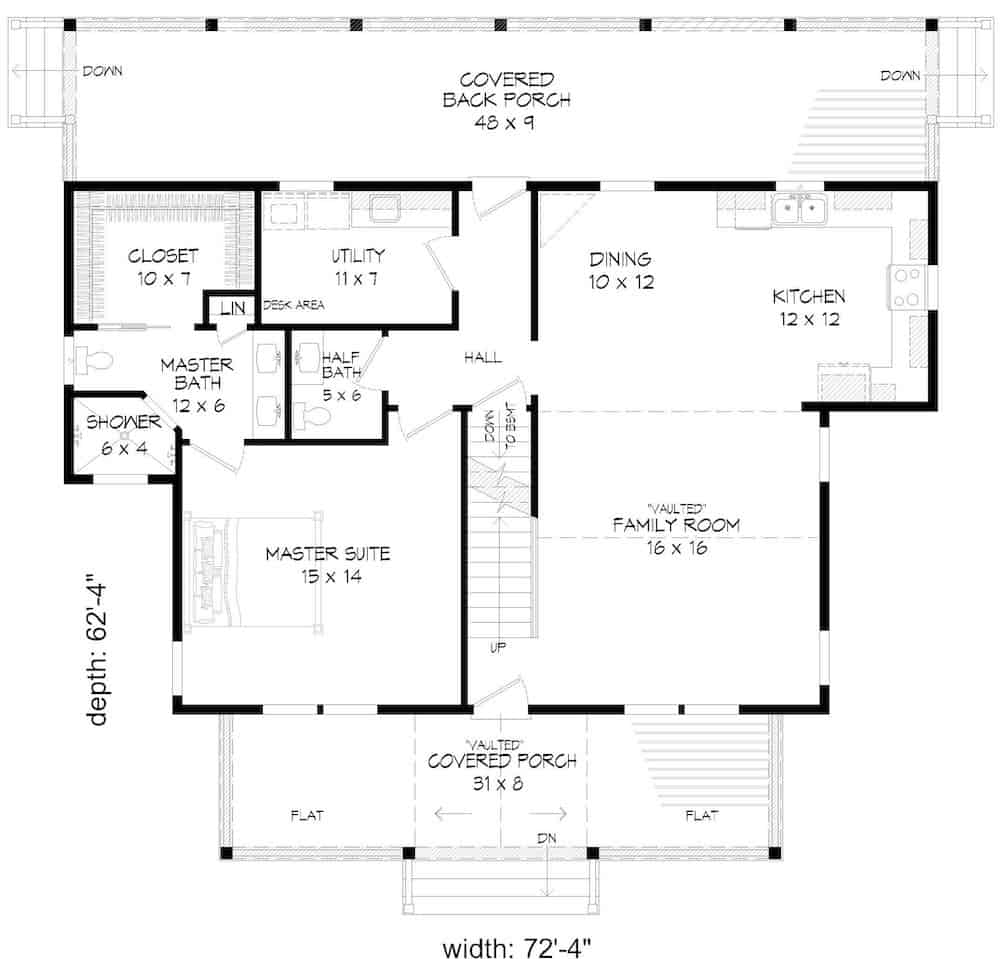 Floor Plan Main Level of Farmhouse Plan #196-1193
