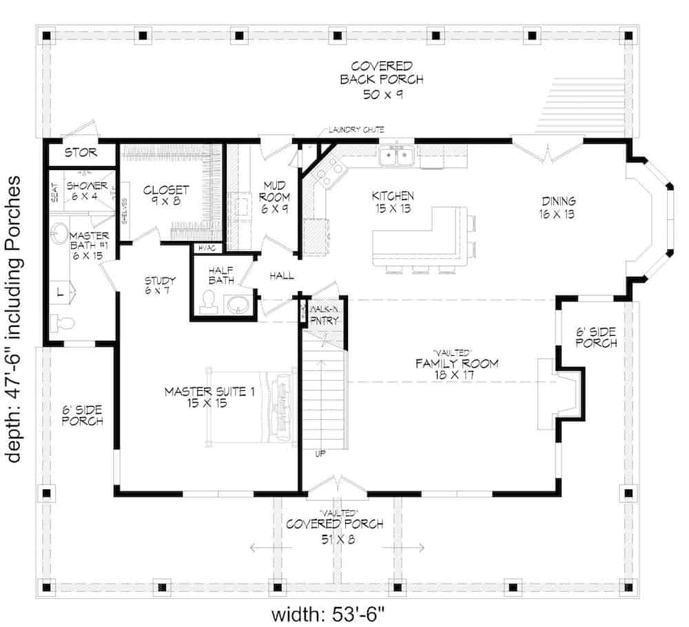 Floor Plan Main Level of Farmhouse Plan #196-1194