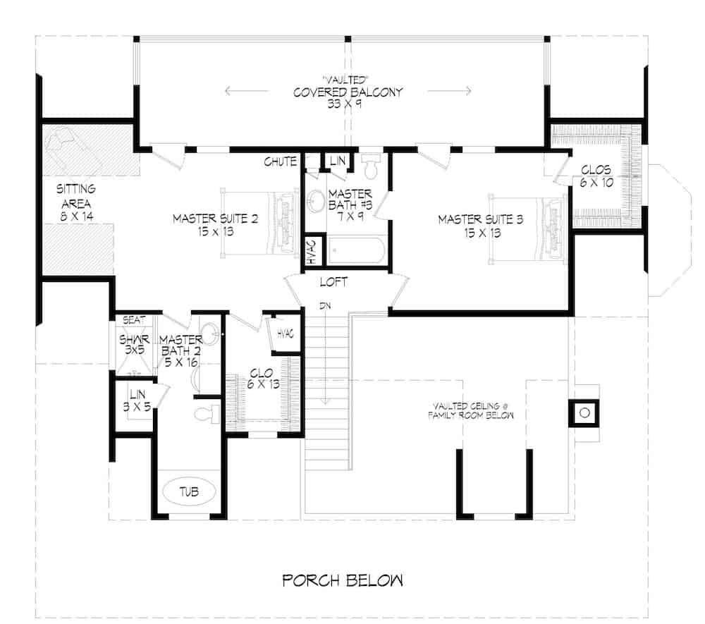 Floor Plan Upper Level of Farmhouse Plan #196-1194