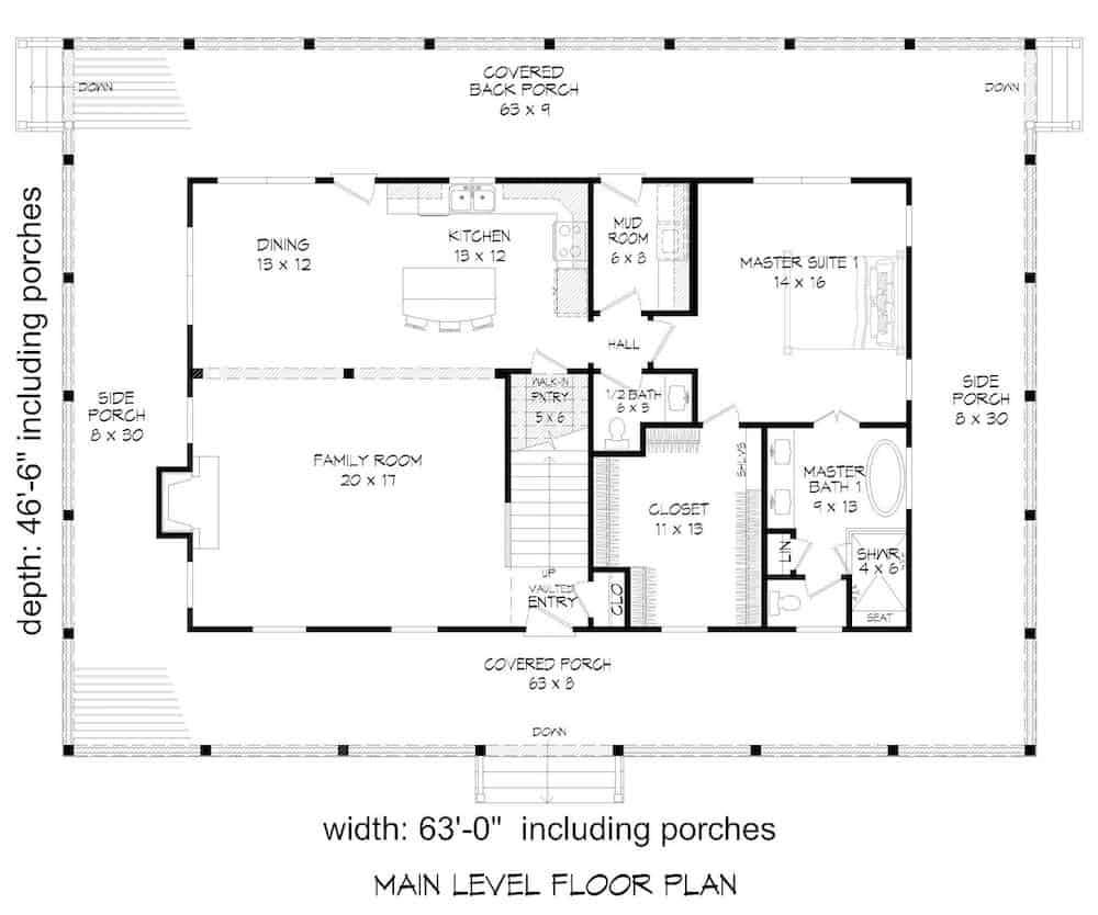 Floor Plan Main Level of Farmhouse Plan #196-1195