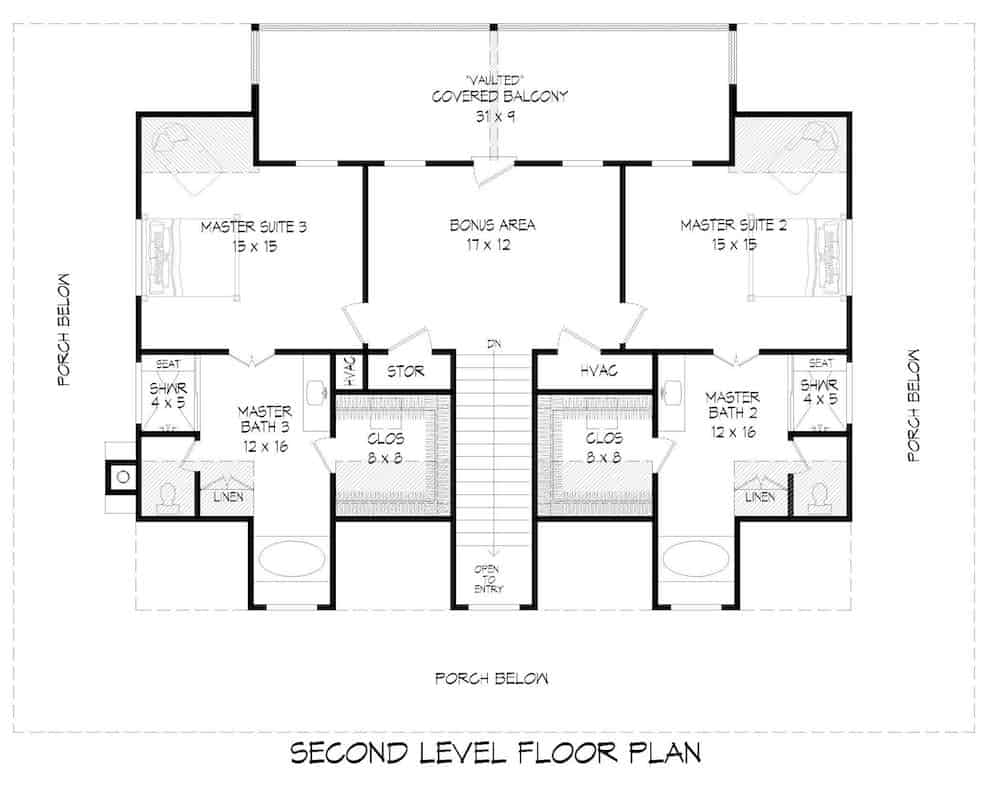 Floor Plan Upper Level of Farmhouse Plan #196-1195